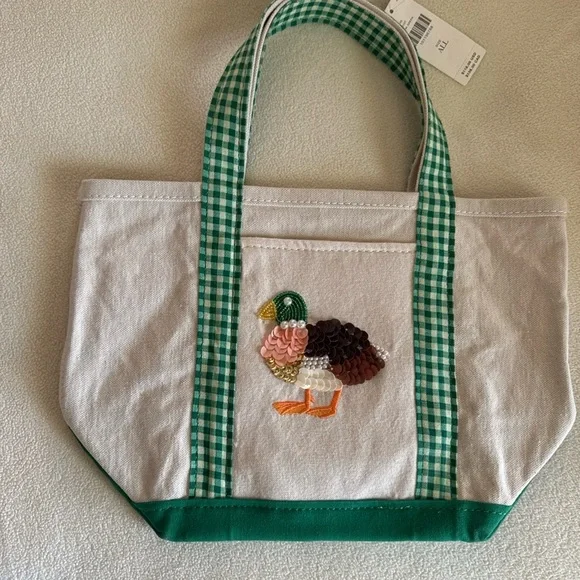 Anthropologie Embroidered Duck Tote - Green and Cream embroidered beaded new - Picture 2 of 7